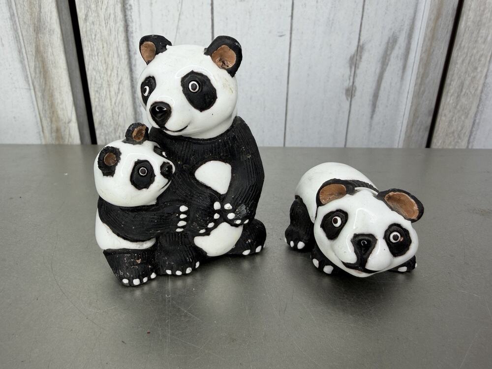Vintage Lot Of 3 Mother Panda Bear Baby Ceramic Handmade Hand Painted